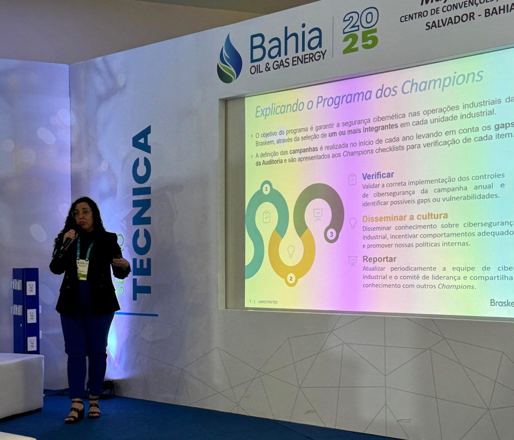 Palestra da engenheira de Cibersegurança da Braskem, Emanuela Lima, no Bahia Oil & Gas Energy 2025 Foto: Divulgação
