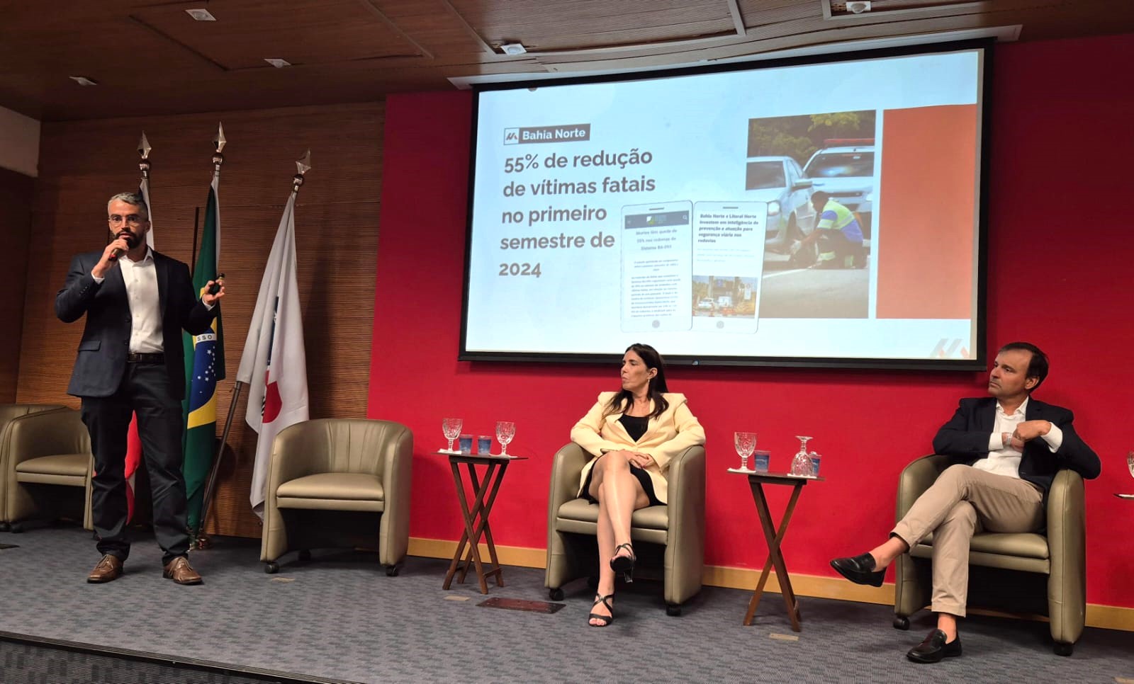 Diretor-Presidente das Concessionárias Bahia Norte e Litoral Norte, Guilherme Freire, em palestra no Fórum Baiano de Concessões e PPPs. Imagem: Divulgação Monte Rodovias.